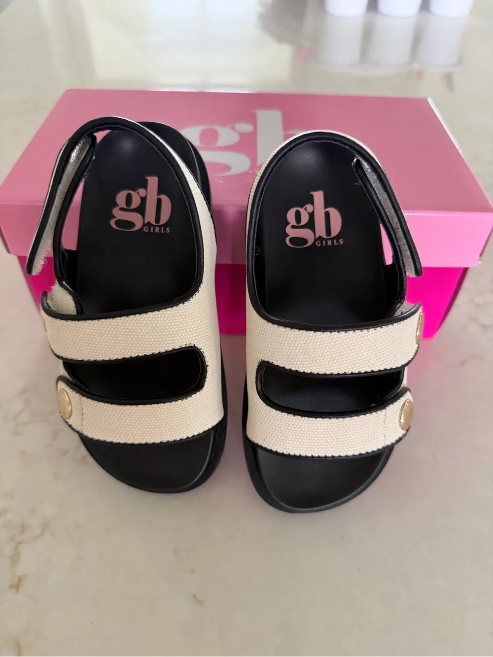 GB Toddler/Girls White Canvas Strap Sandals with Gold Accents Size 10T BWT